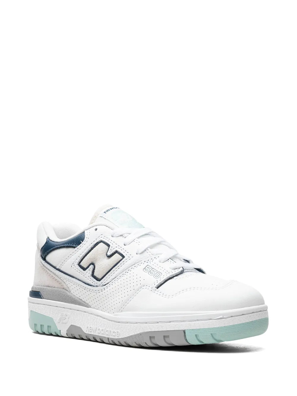 White leather-look low-top sneakers, side view, navy heel and N emblem