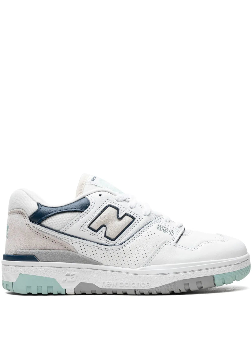 White low-top sneakers with navy N logo and mint-tinted outsole