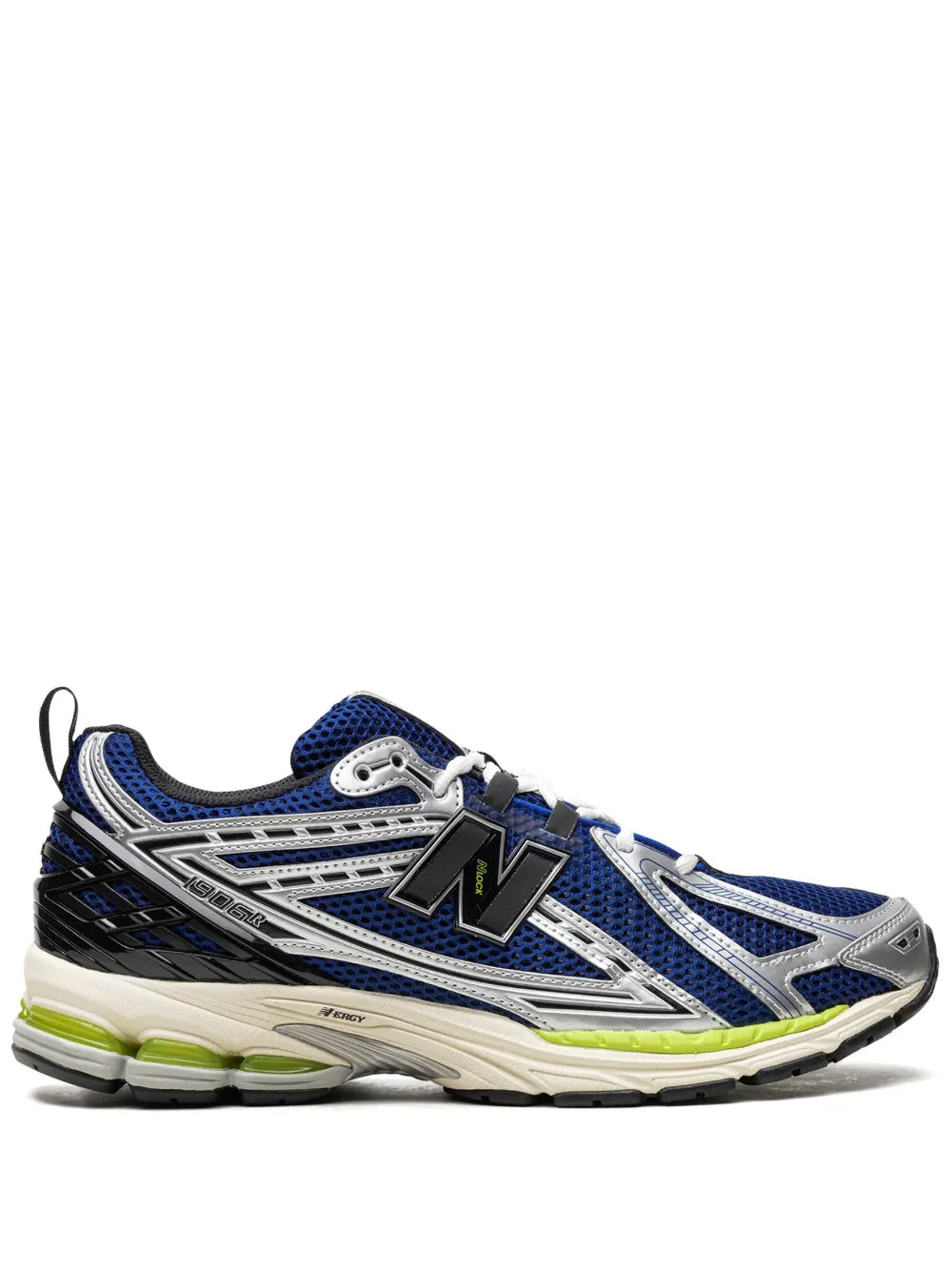 New Balance 1906R blue and white sneakers with neon green midsoles