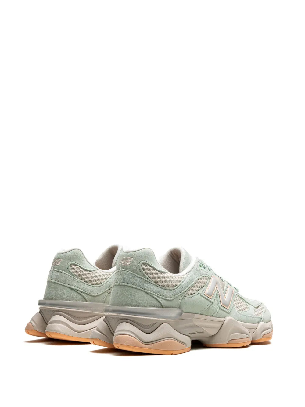 Mint green New Balance 90/60 sneakers, heel view, N logo, chunky gray sole.