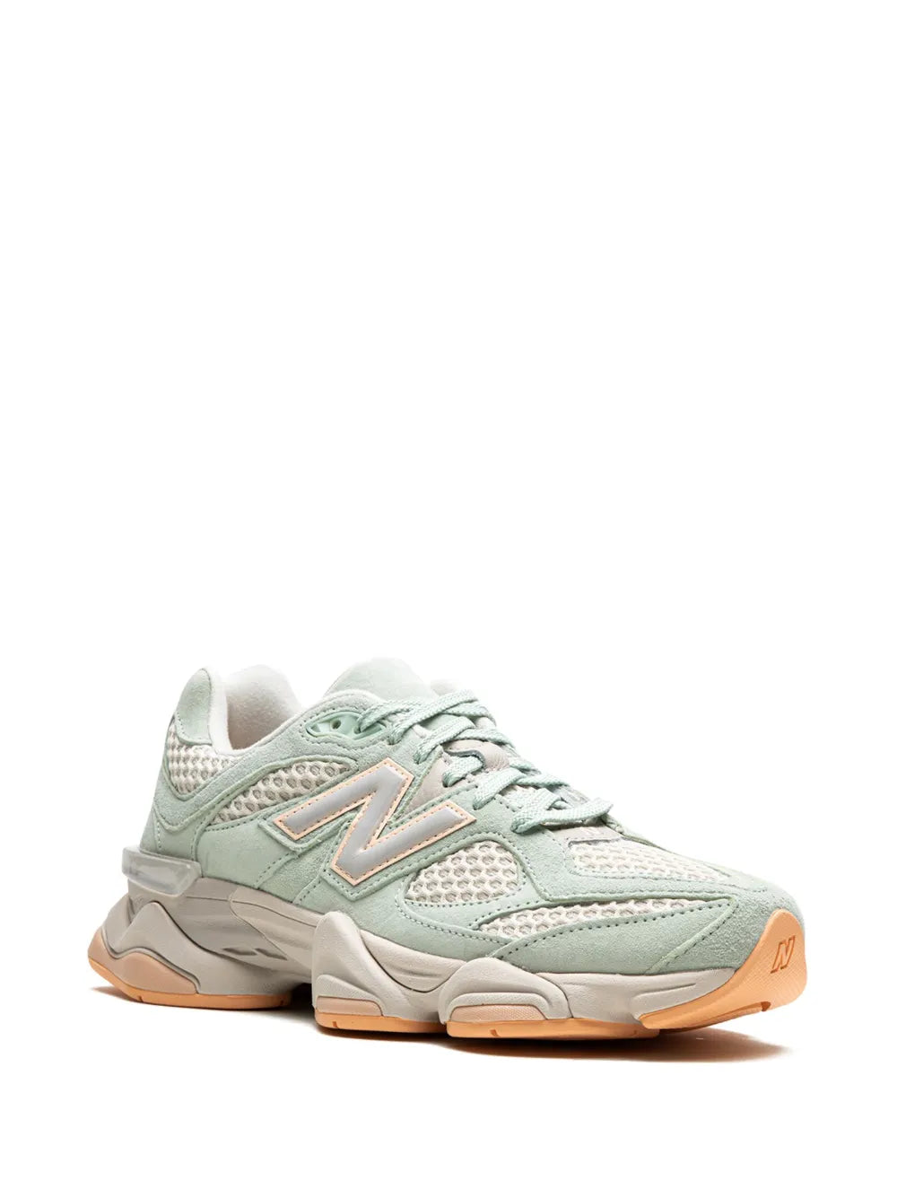 Mint green New Balance 90/60 sneakers with N logo and orange-brown outsole, lace-up.