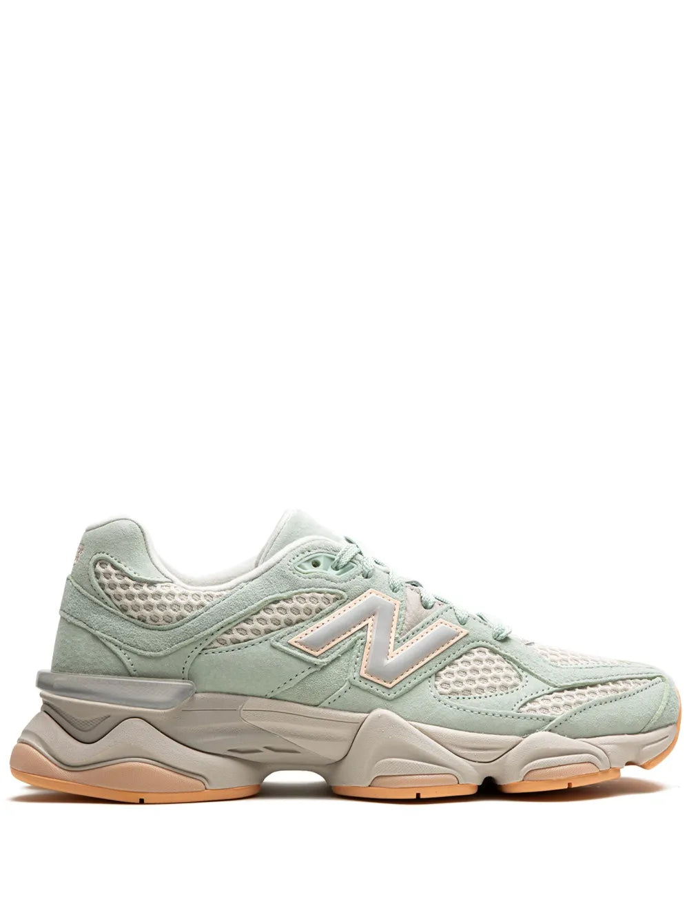 Mint green New Balance 90/60 lace-up sneakers with N logo, chunky gray sole.