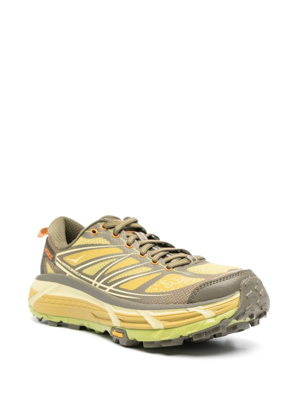 Olive green trail sneakers with lace-up closure, cream and yellow accents, rugged tread
