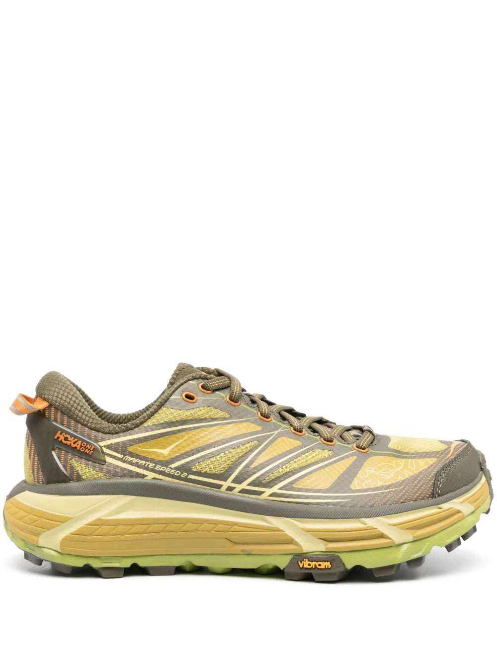 Olive green trail running sneakers with lace-up front and yellow ribbed overlays, Vibram sole