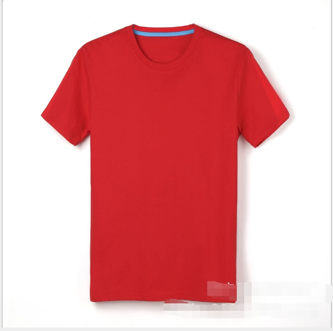 Men's crew-neck red T-shirt with teal collar trim