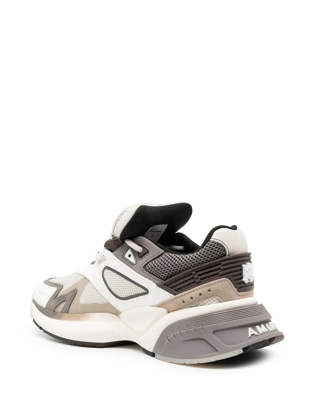 Leather runner sneakers, white and gray with brown heel panel, black collar, molded AMIRI sole