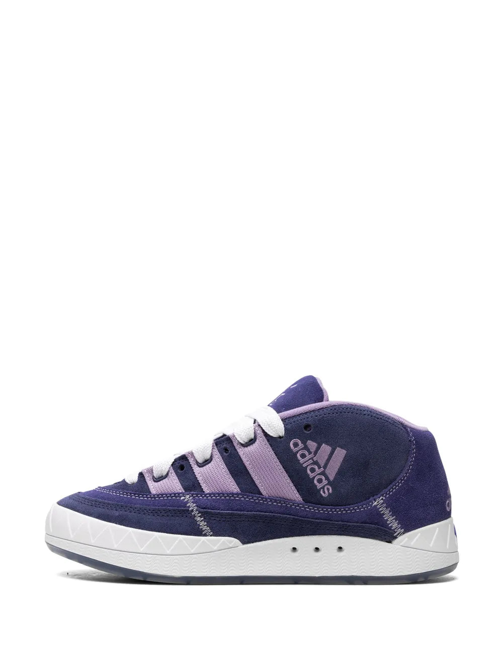 Navy suede mid-top sneaker with white laces and light purple stripe accents