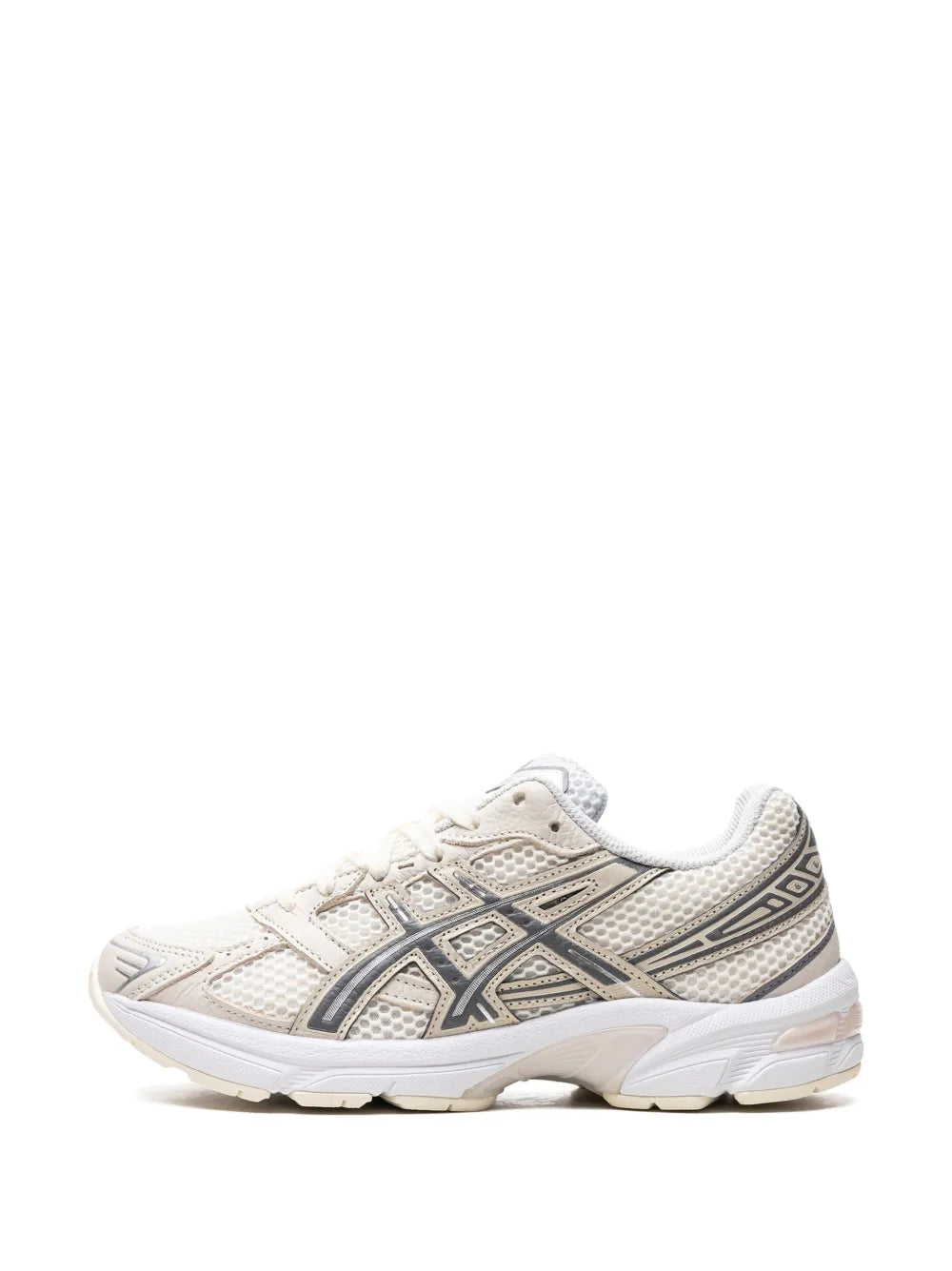 Cream white lace-up running shoe with mesh toe box and logo detail on side