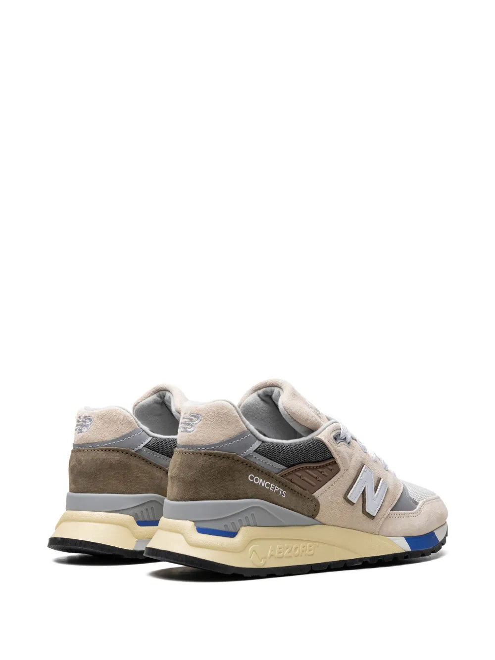 998 C-Note sneakers, side and heel view in cream, brown and gray with blue strip