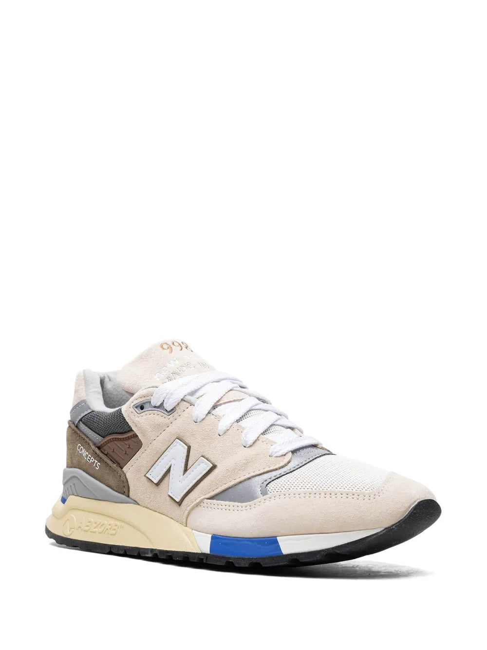 998 C-Note sneakers, cream upper with blue sole edge, gray collar, white lace-up