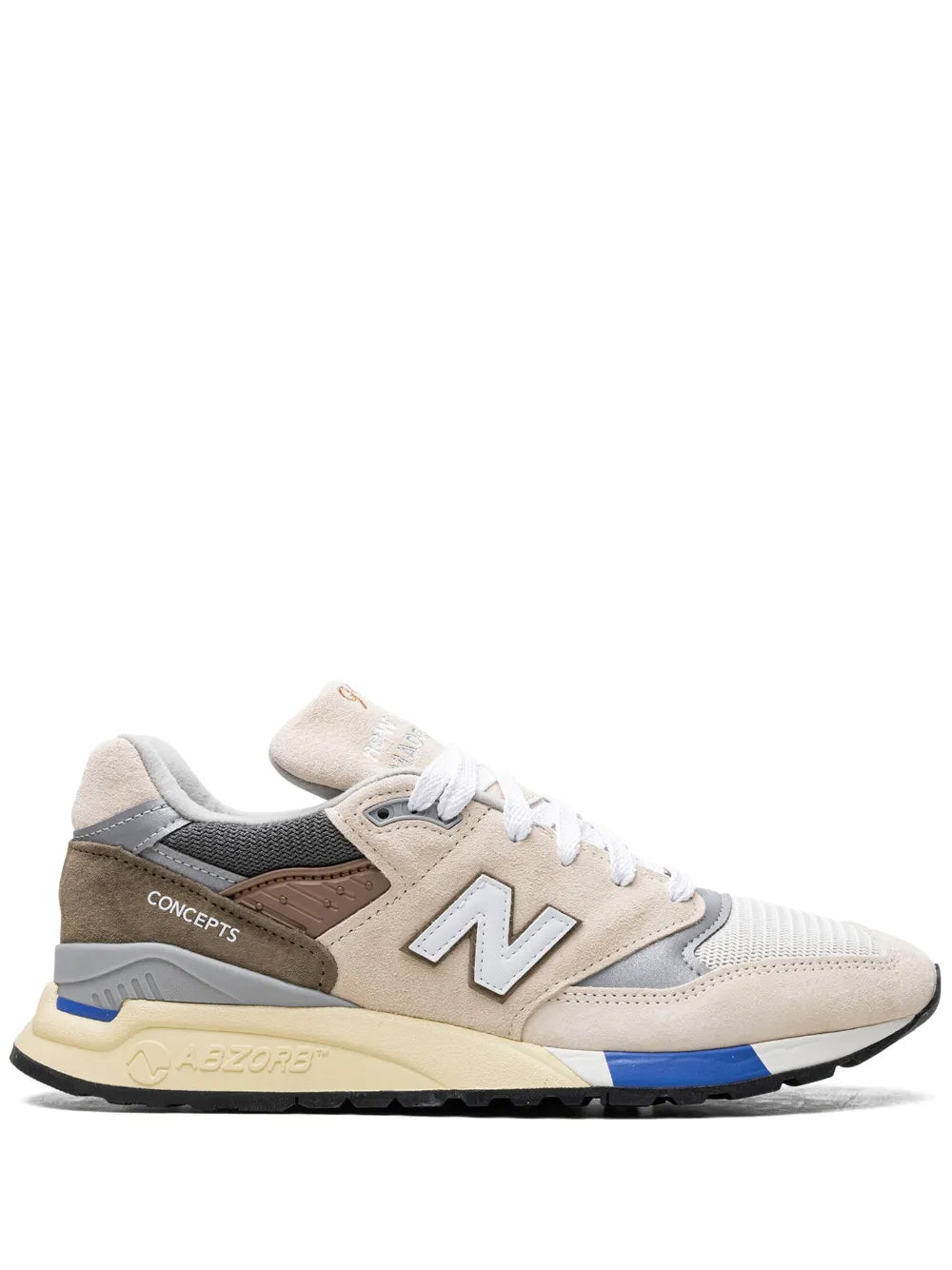 998 C-Note sneakers, cream suede with N logo, blue sole accents and brown heel patch