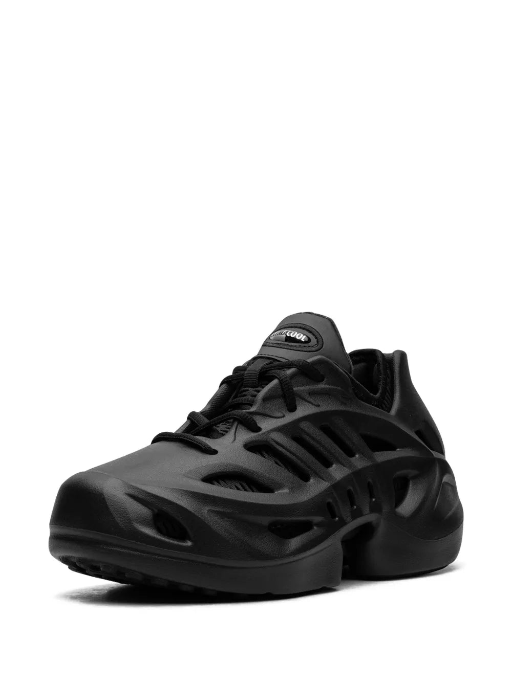 Black adidas sneakers with perforated vent bands, lace-up tongue, and padded heel