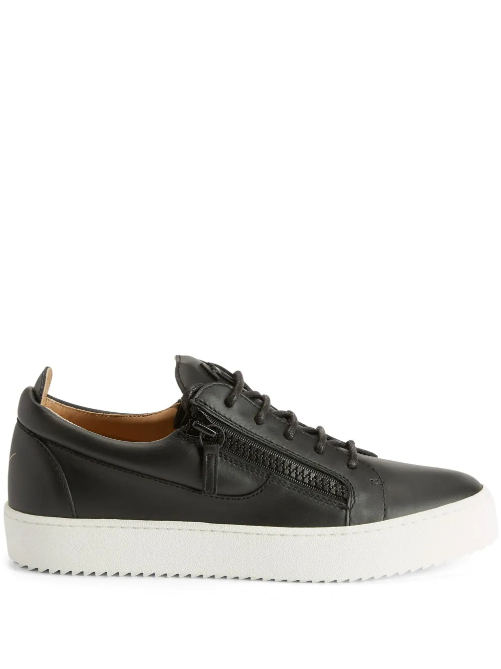 Black low-top sneakers with double zippers, lace-up front, white rubber sole