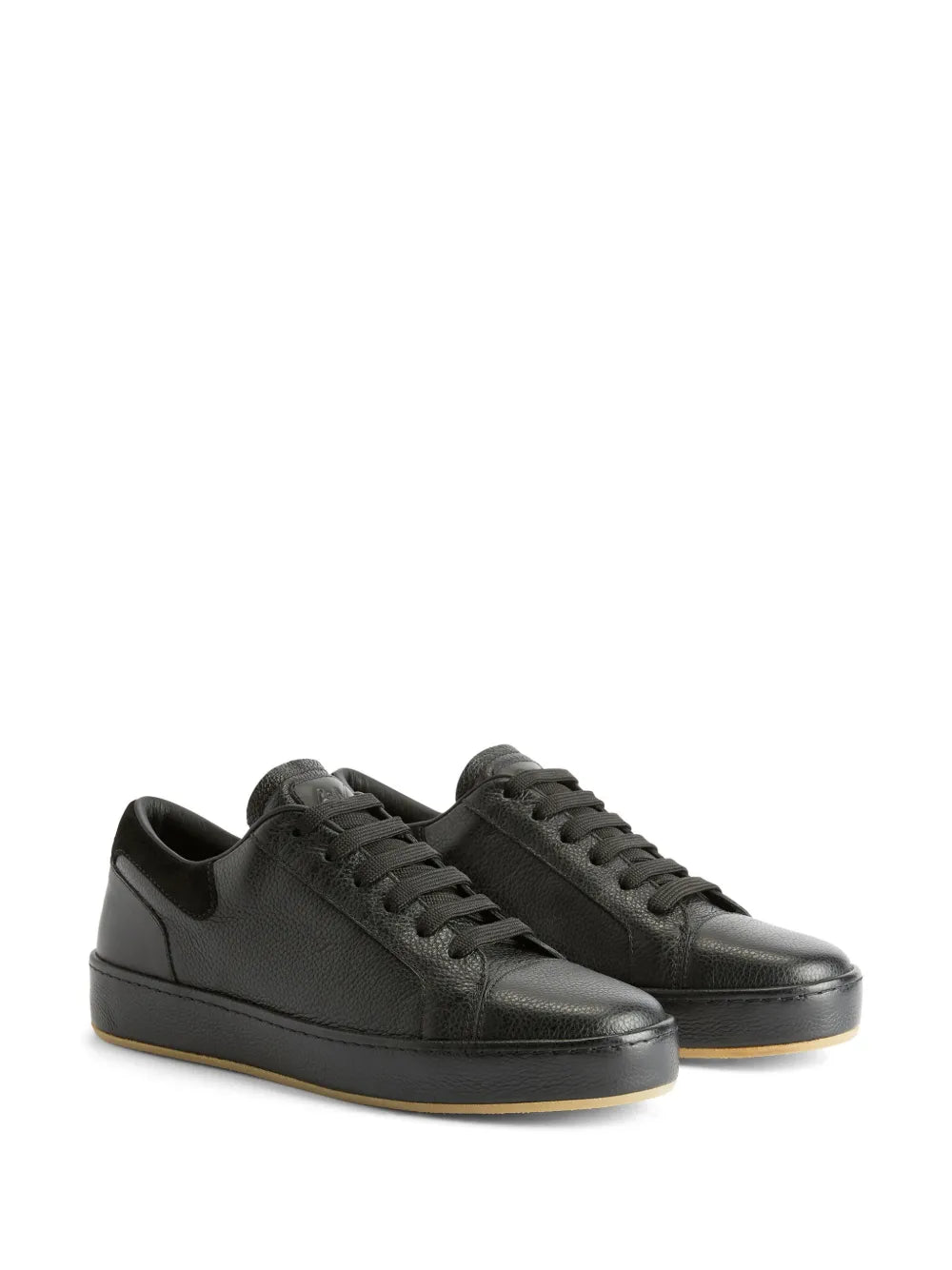 Pair of black leather lace-up low-top sneakers with textured uppers and rubber sole