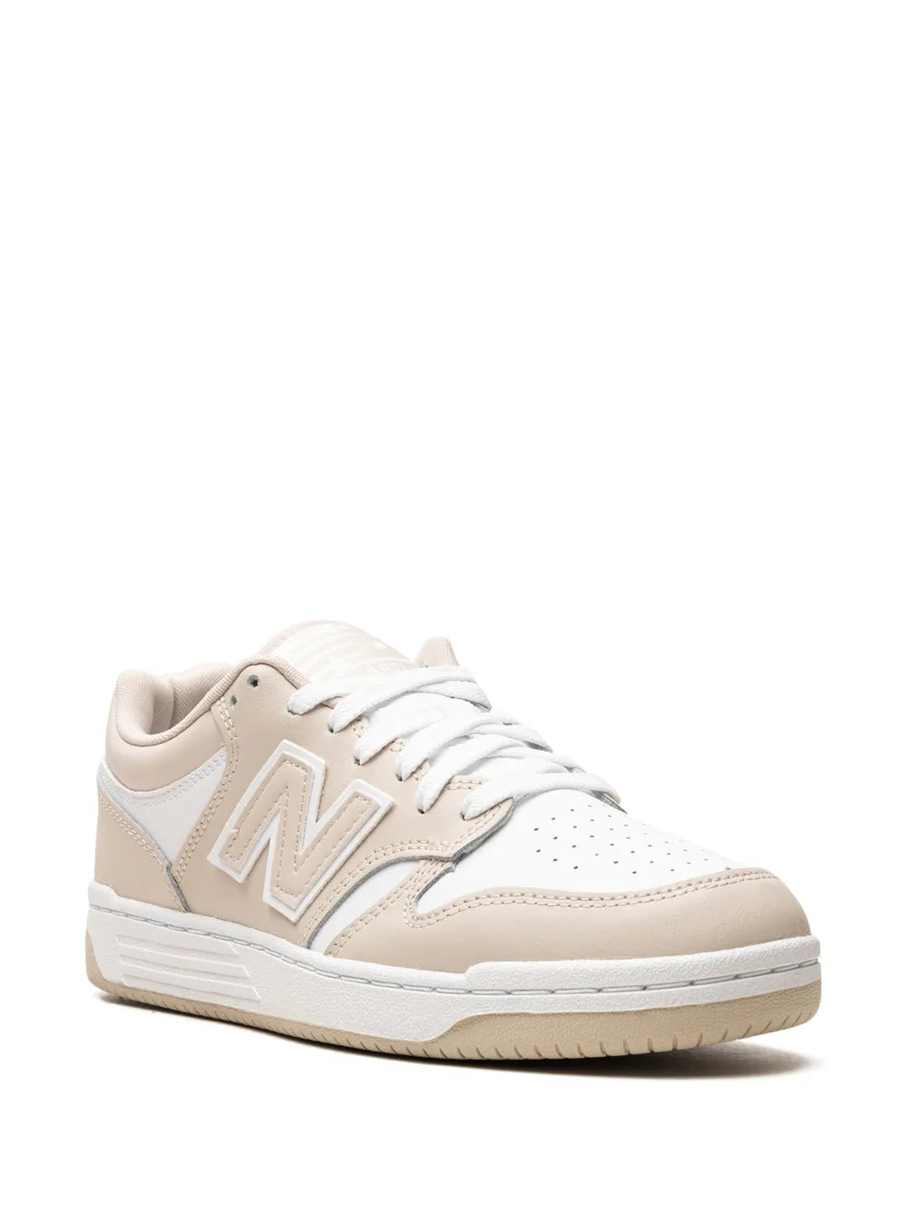White and beige New Balance 480 sneakers, front lace-up with N logo and perforations