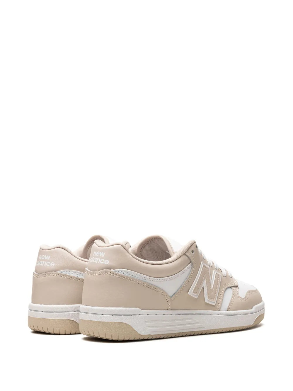 Beige New Balance 480 sneakers, rear view with heel tab and N side branding