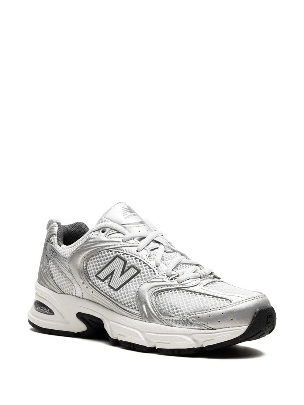 Light grey lace-up sneakers, side view with New Balance N logo and sculpted midsole