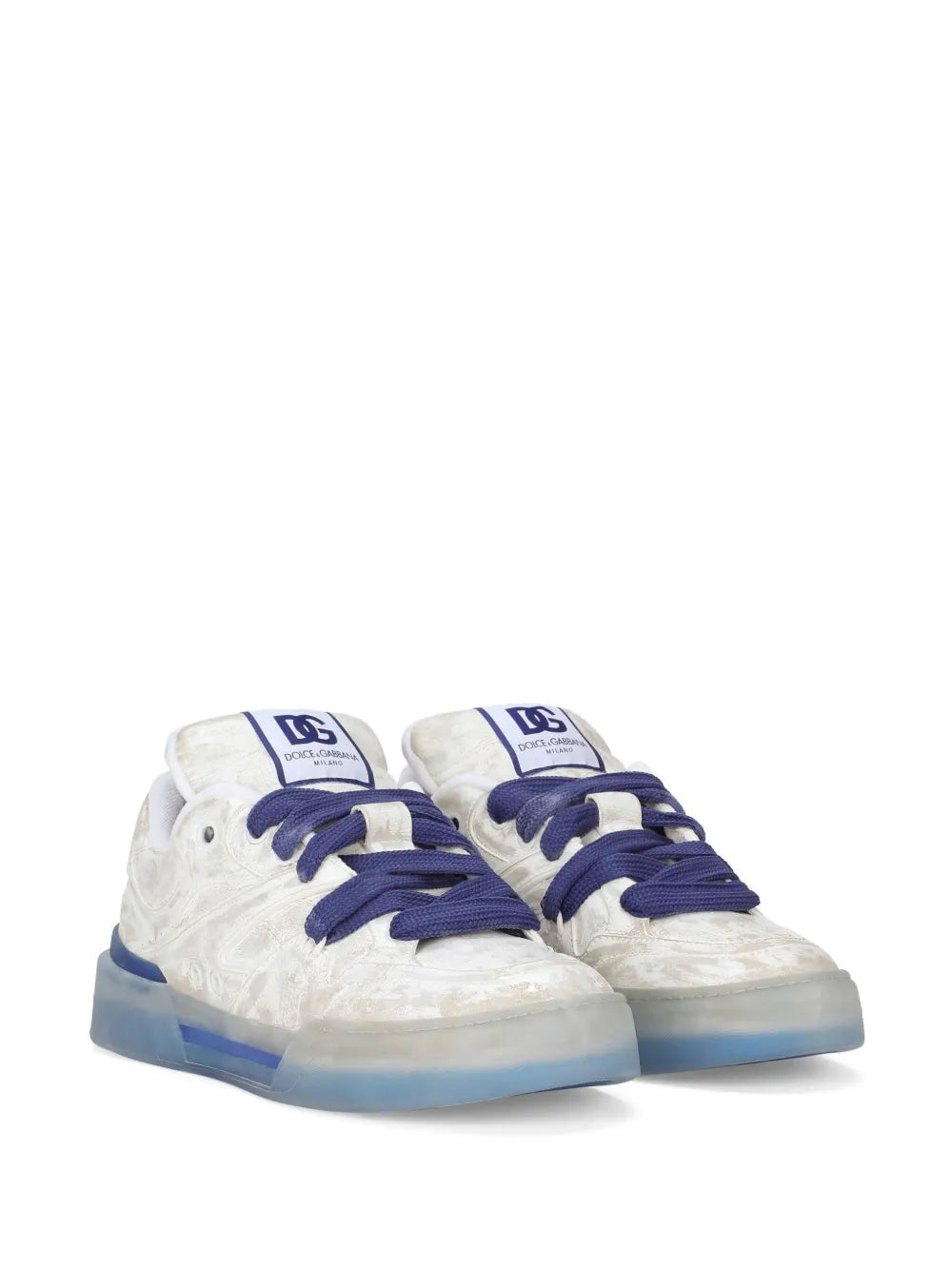 Pair of blue-and-white low-top sneakers with white textured canvas and blue lace-up fronts