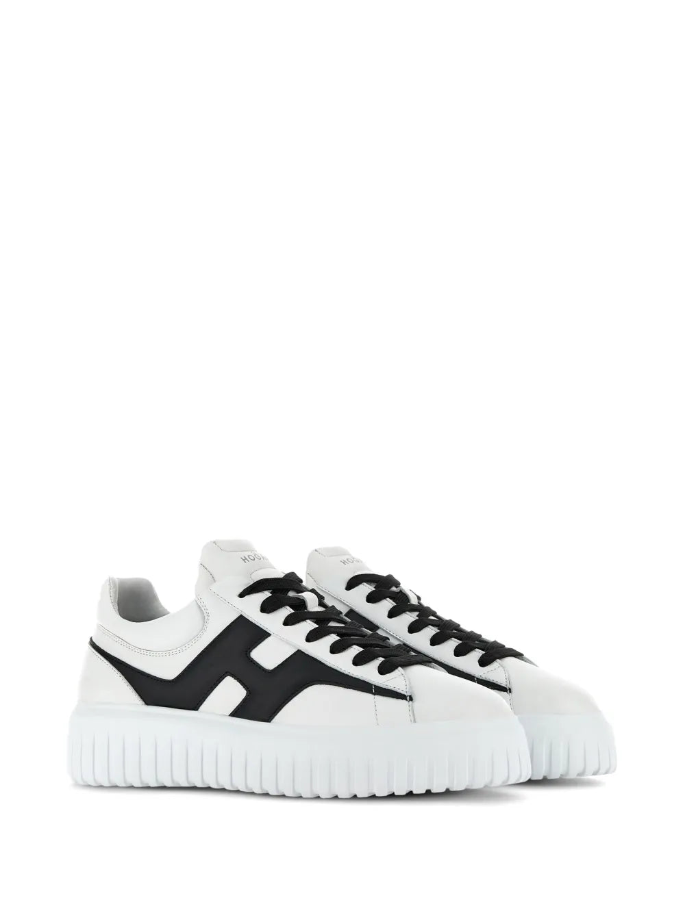 White and black H-stripe sneakers with lace-up front and chunky ribbed sole