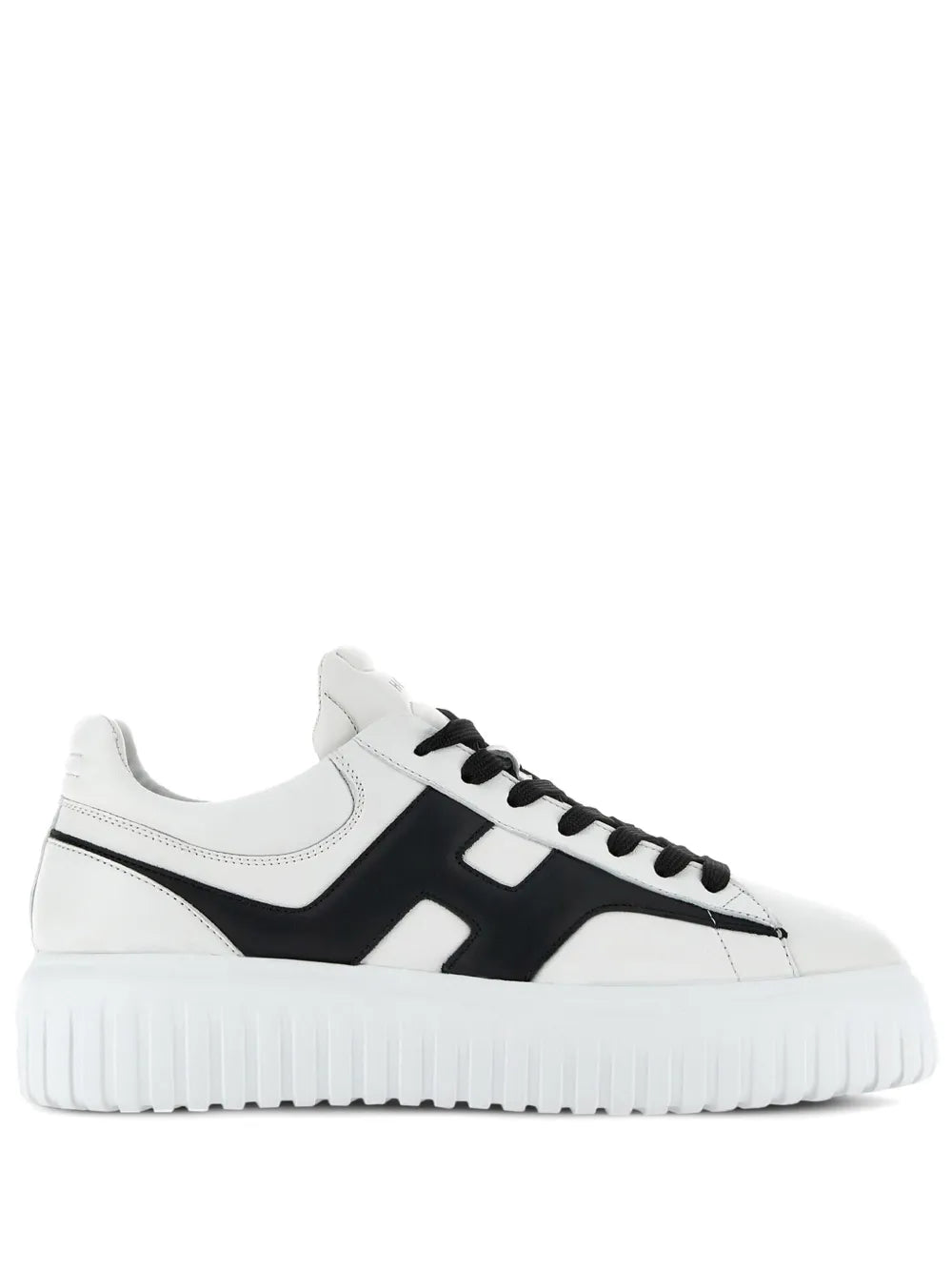 White and black sneakers with black H-stripe panels, black laces, ridged sole