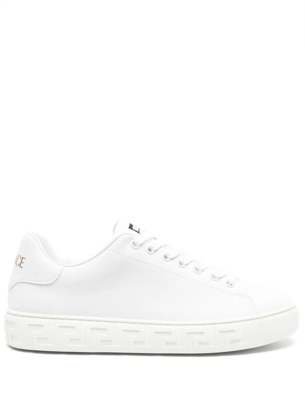 White leather low-top sneaker with embossed Greca-style pattern on sole