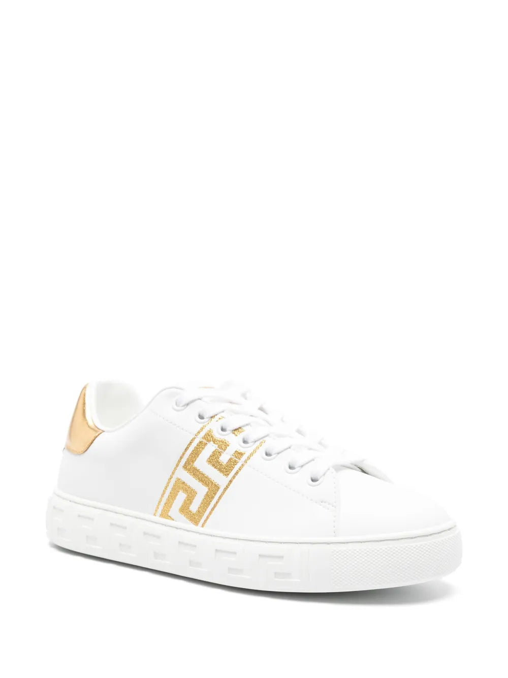 White leather low-top sneaker with gold Greca side motif and textured rubber sole