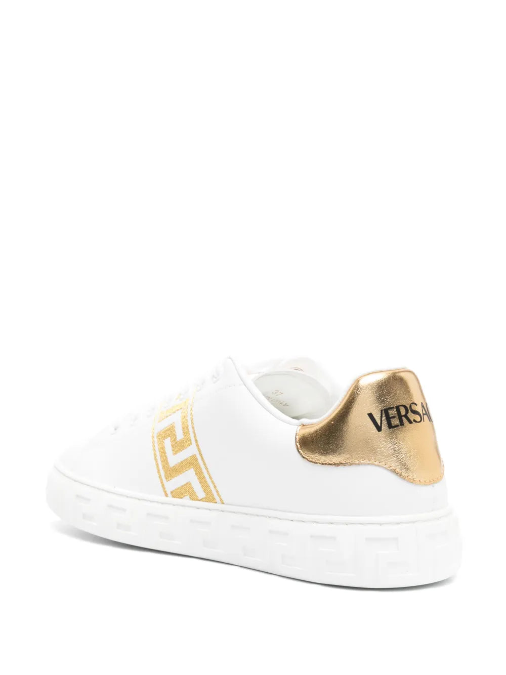 White leather low-top sneaker with gold heel tab and Greca-embroidered side