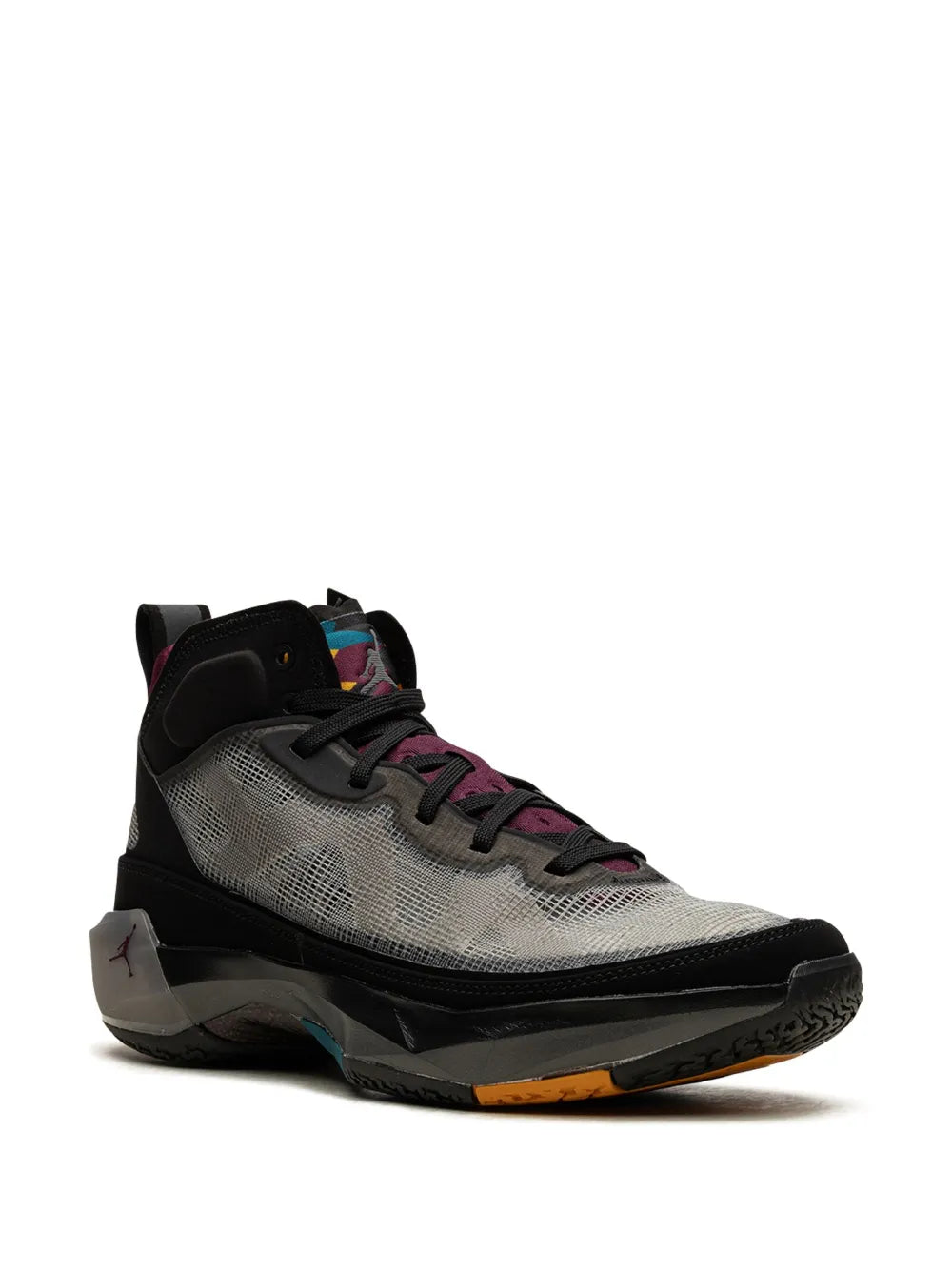 Black and grey lace-up sneakers with bordeaux accents and teal-orange midsole