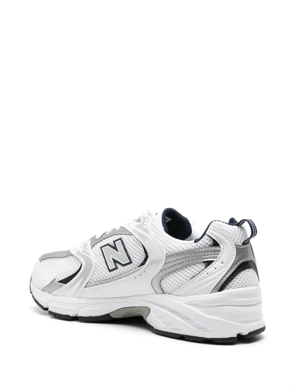 White and navy mesh-panelled sneakers, rear quarter view with heel branding