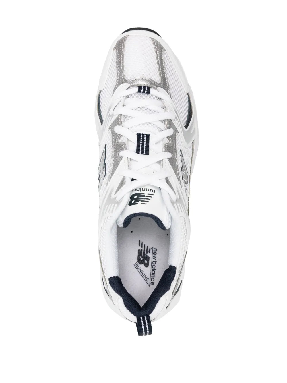 White mesh-panelled sneaker, top view of lace-up front and side logo