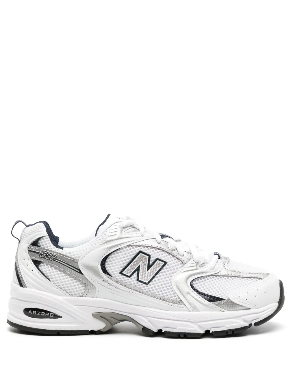 White and navy mesh-panelled New Balance 530 sneakers, side view with N logo