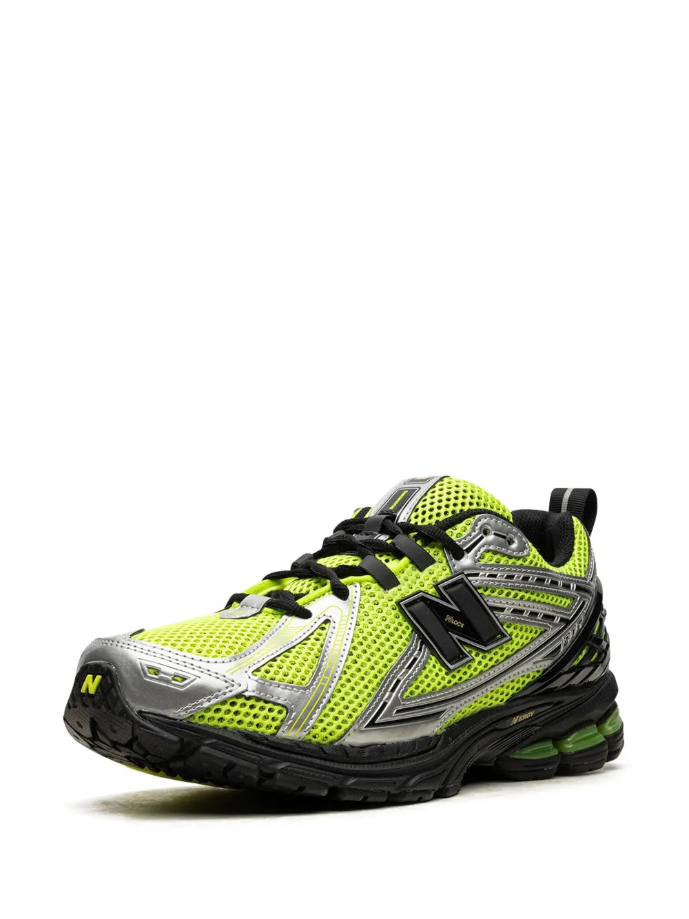 Neon-green New Balance sneakers with black heel tab, lace-up, and molded tread