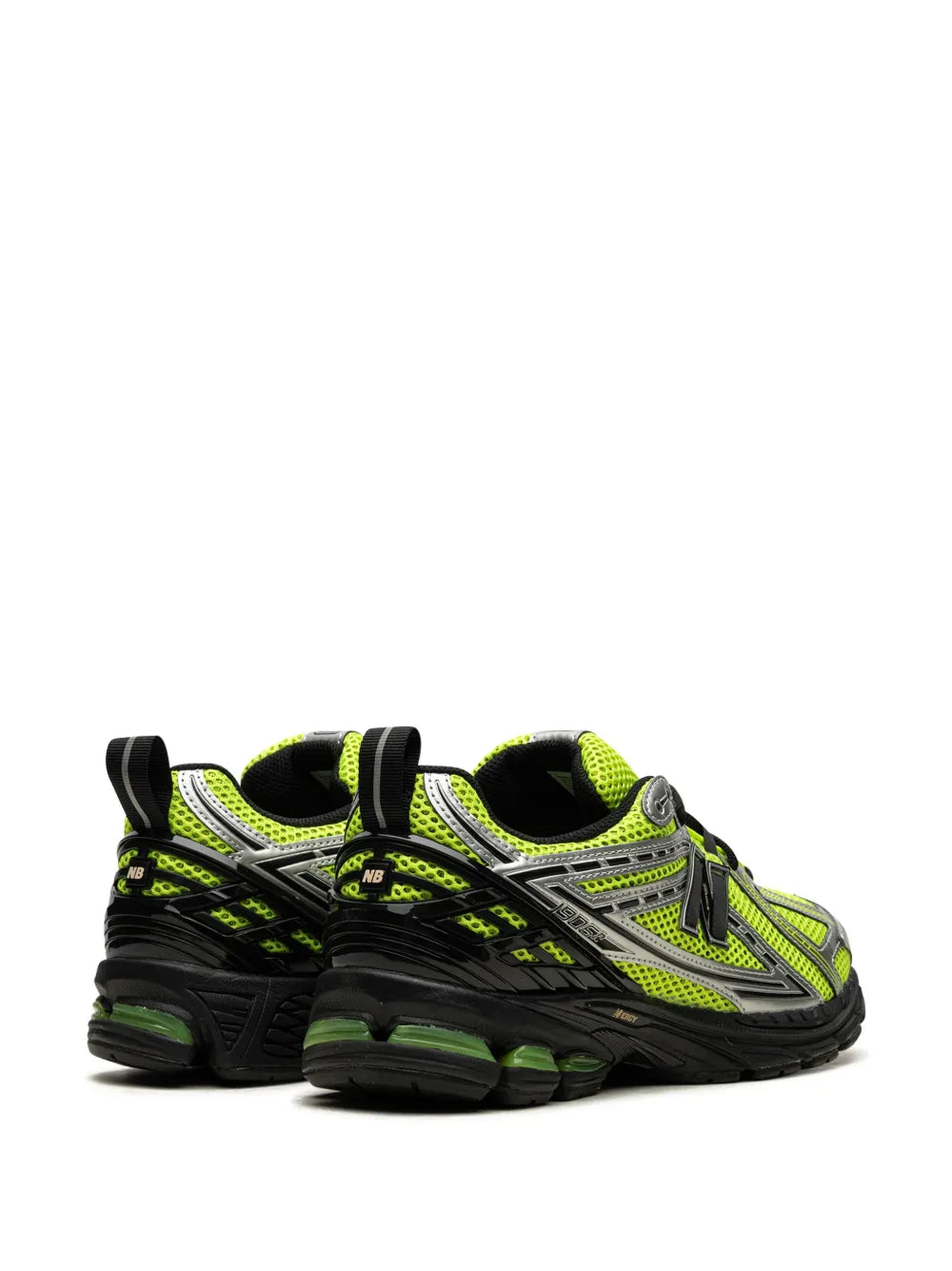 Neon-green and black New Balance sneakers with padded collar and mesh panels