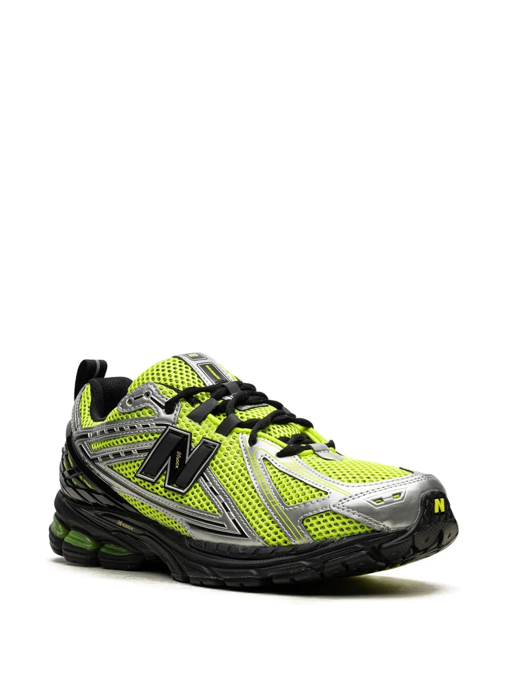 Neon-green and silver-tone New Balance sneakers with black laces and chunky sole