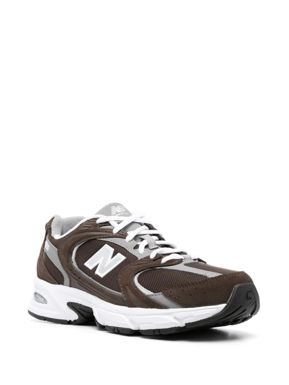 Cedar brown panelled sneakers with white N logo, white laces, and dark trim sole