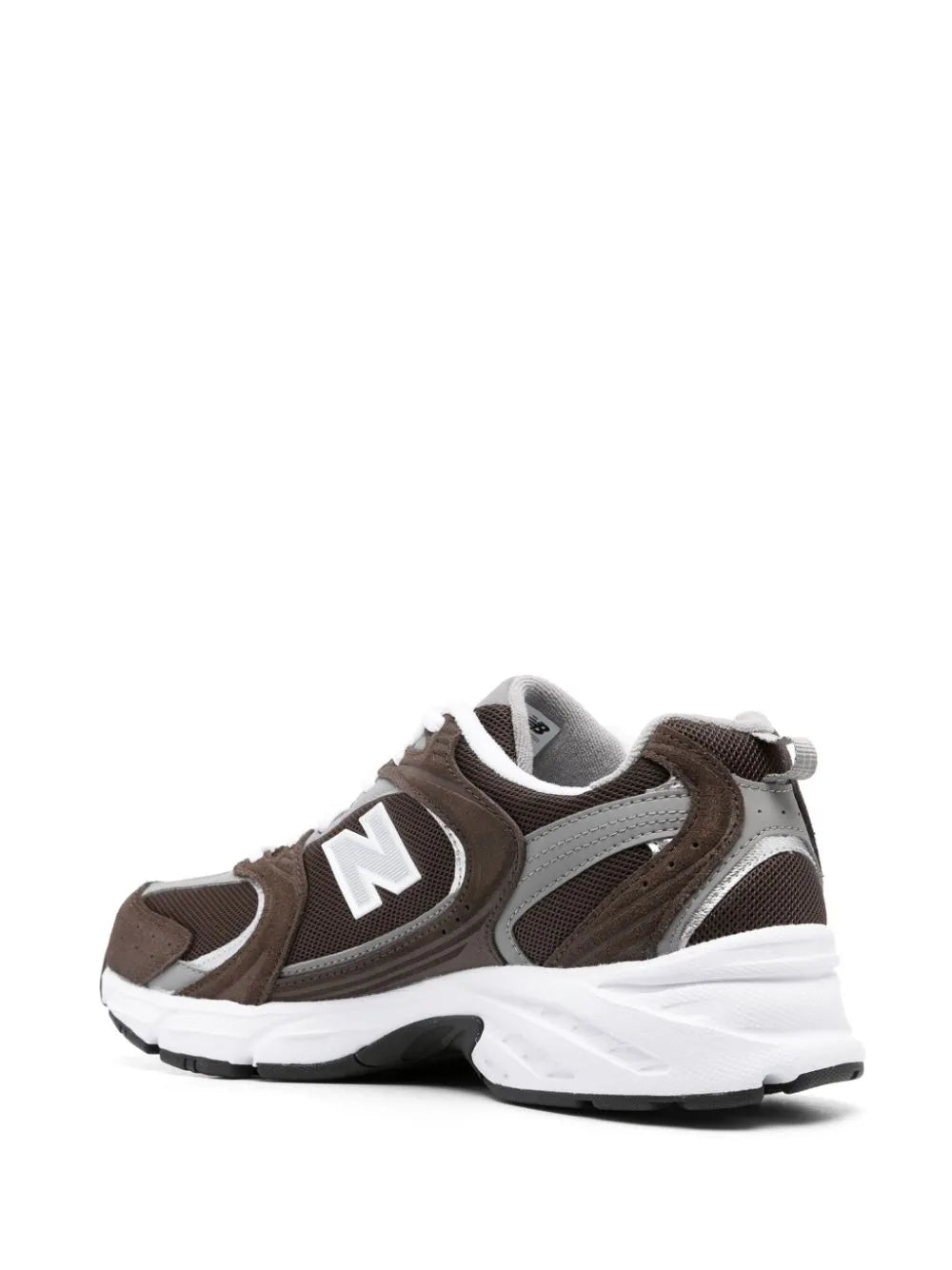 Cedar brown sneakers side view with white N logo, laces, and white midsole