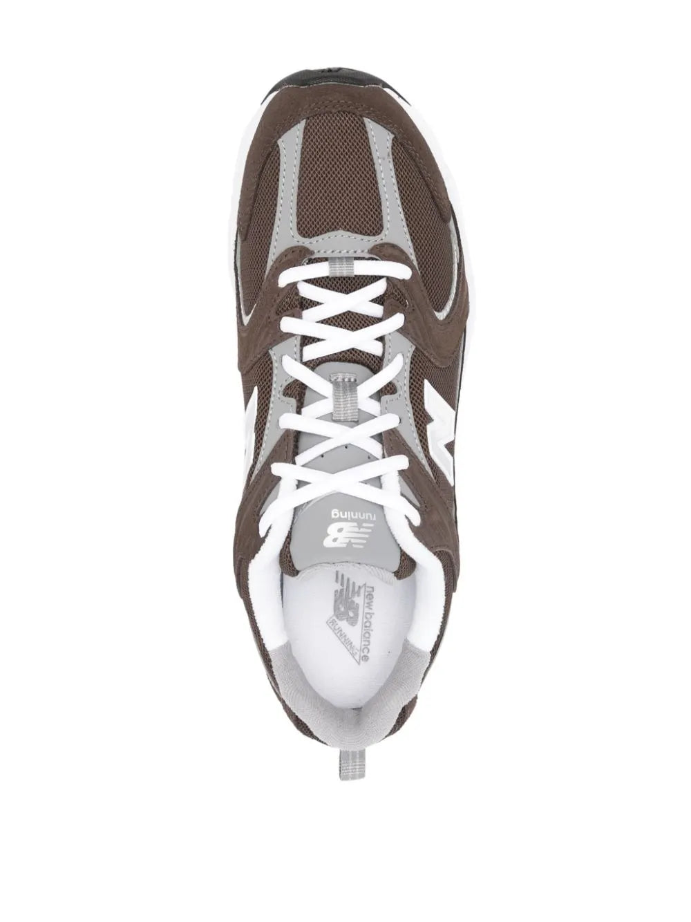 Cedar brown New Balance sneaker showing top view with white laces and tongue