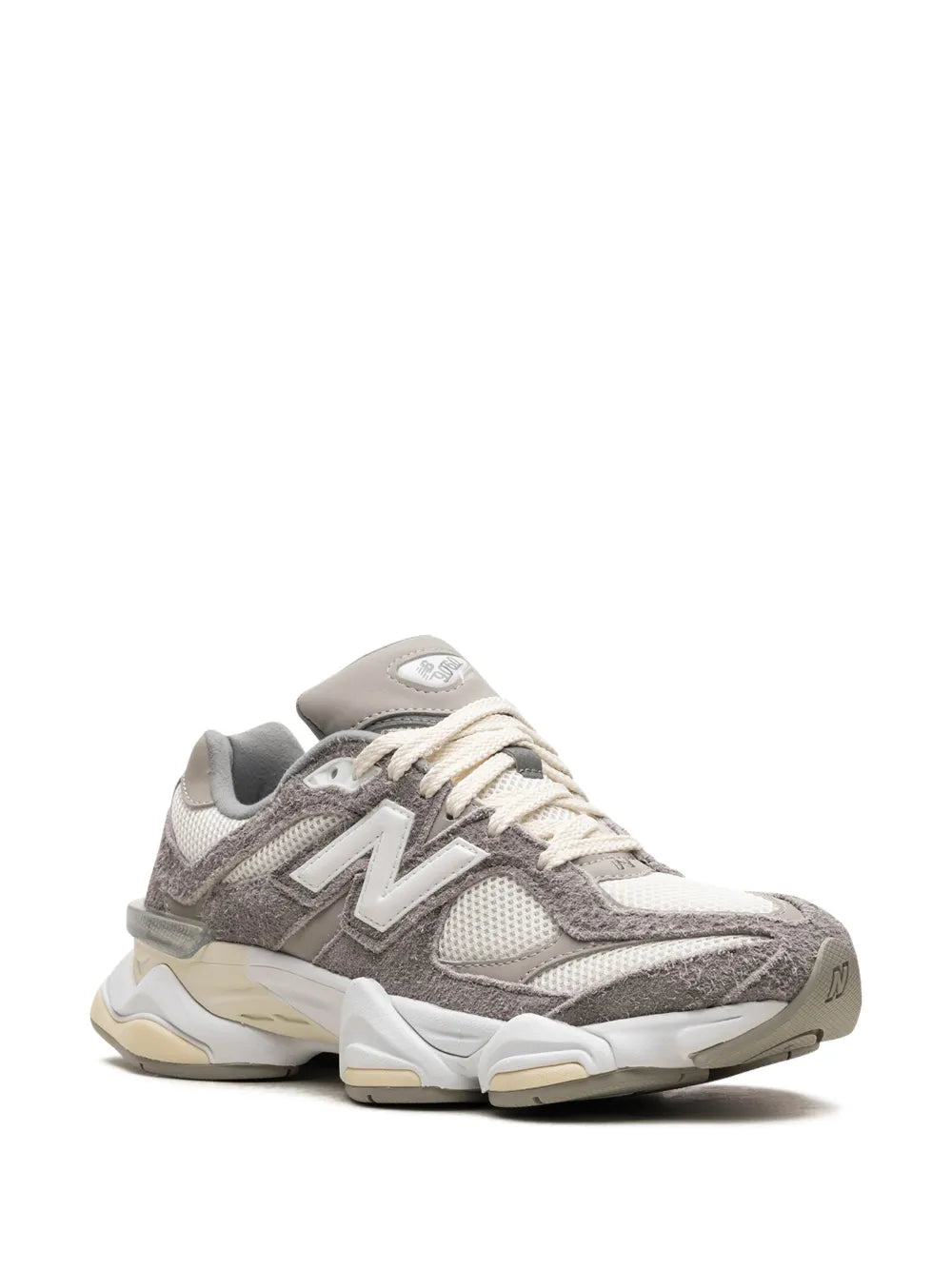 Grey and white New Balance lace-up sneakers, side view with N logo