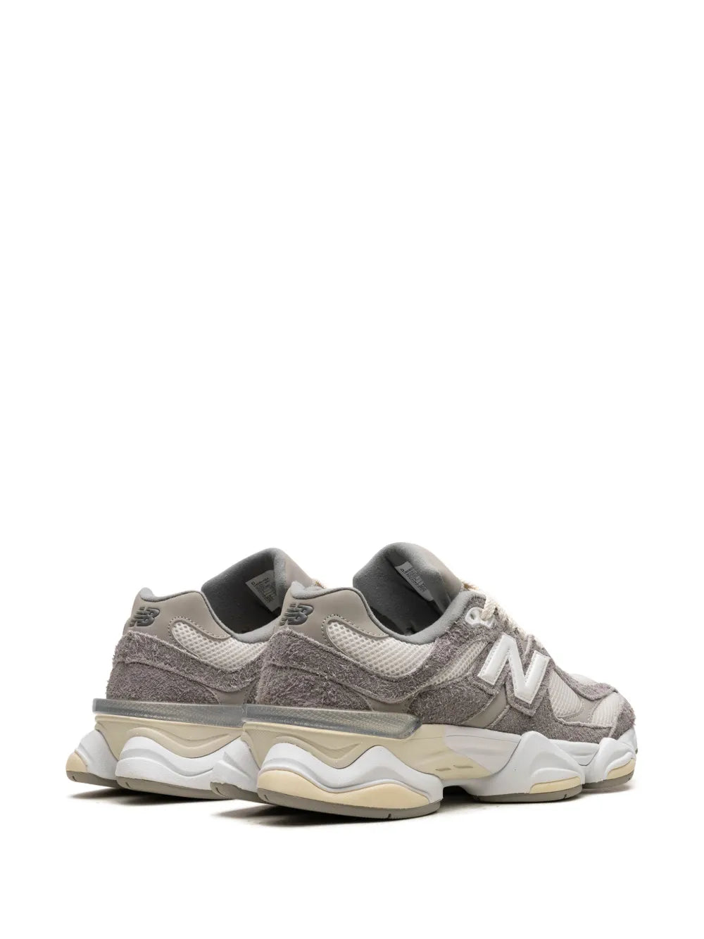 Grey and white lace-up sneakers, rear/side view with padded heel