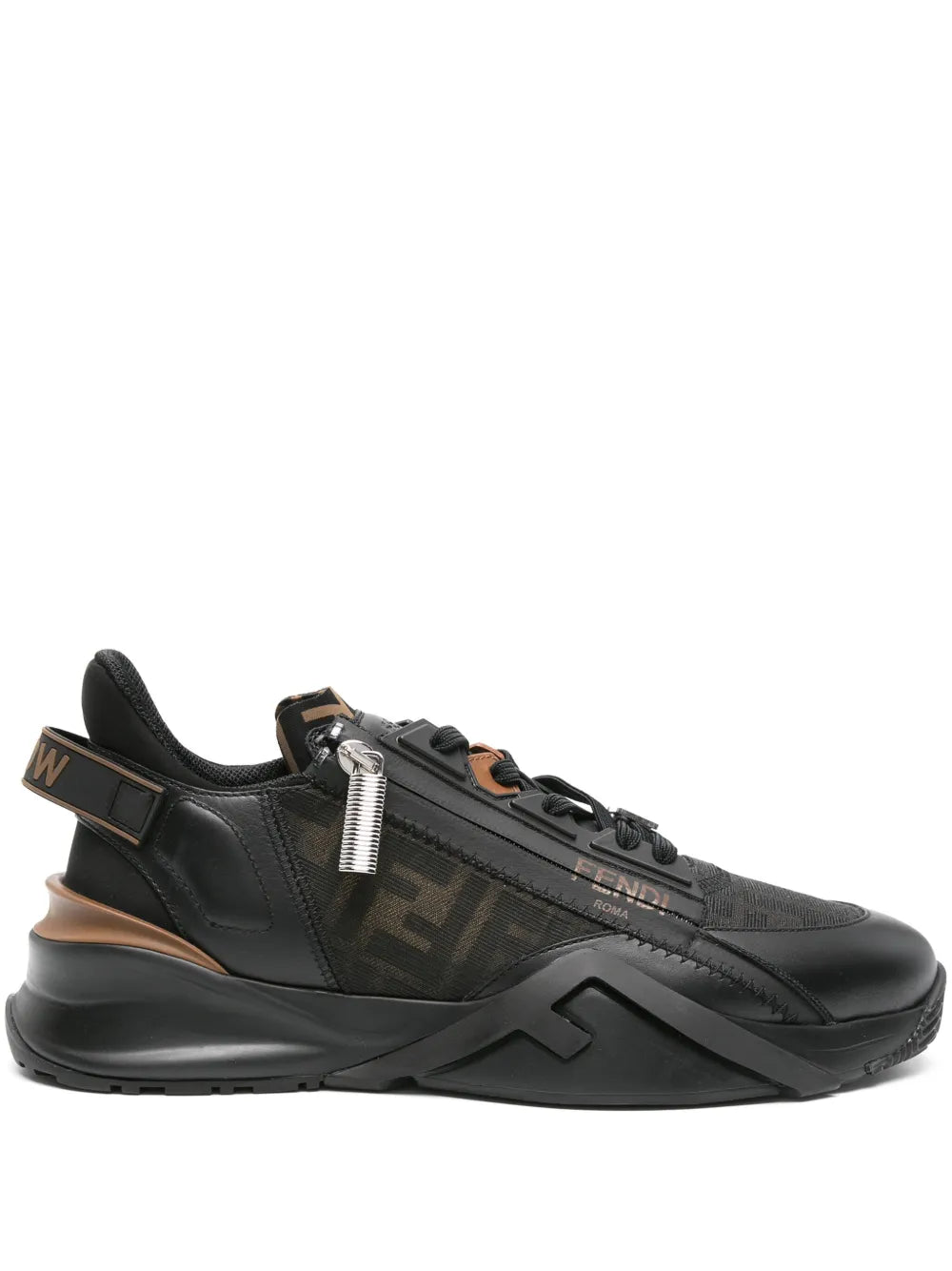 Black leather sneakers with FF jacquard panels, lace-up, front zip detail, rubber sole