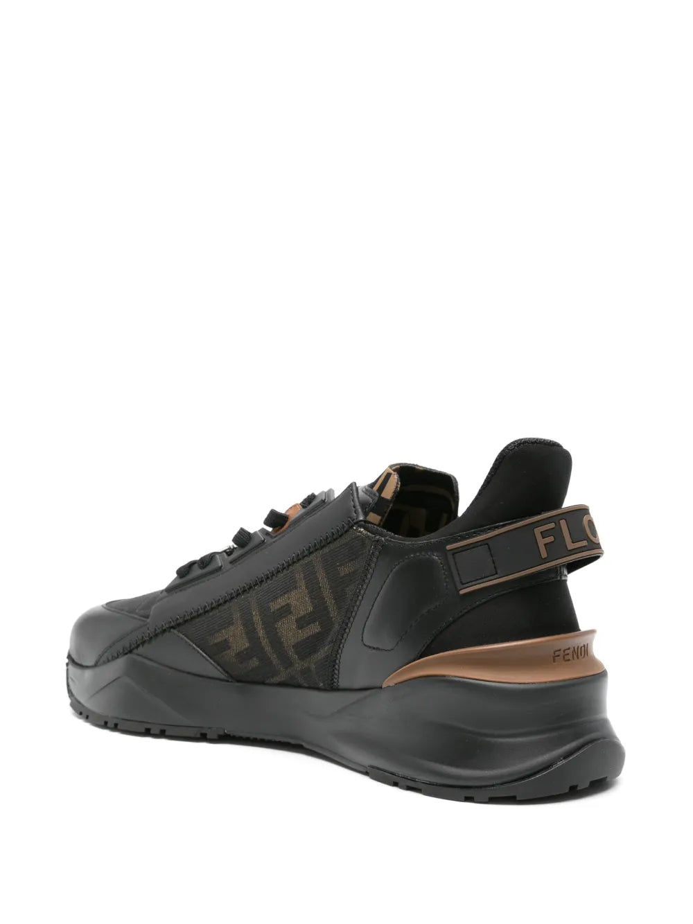 Black leather sneakers with FF jacquard and Fendi Flow heel logo detail