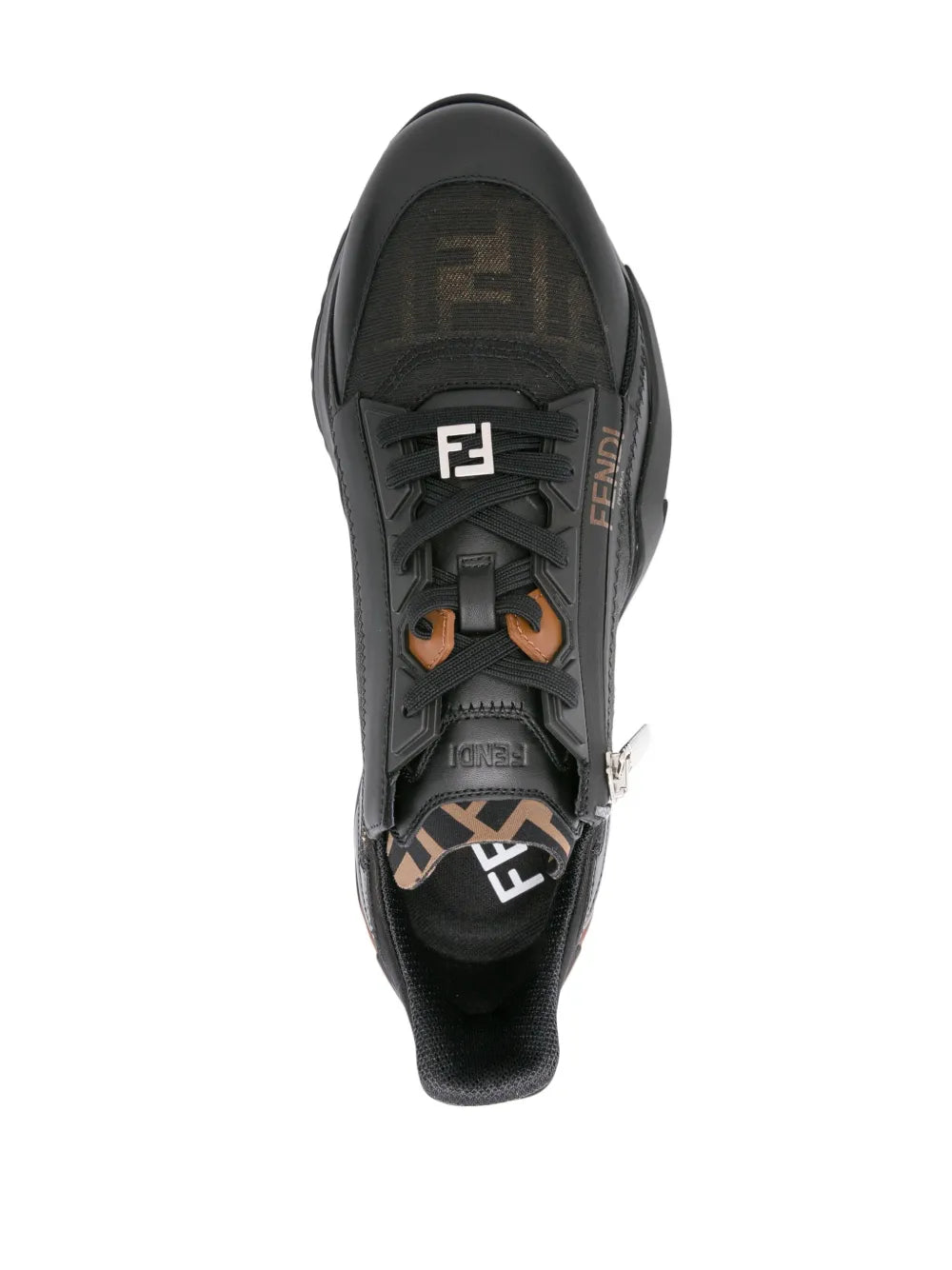 Black leather sneaker with FF jacquard tongue and lace-up front, textured collar