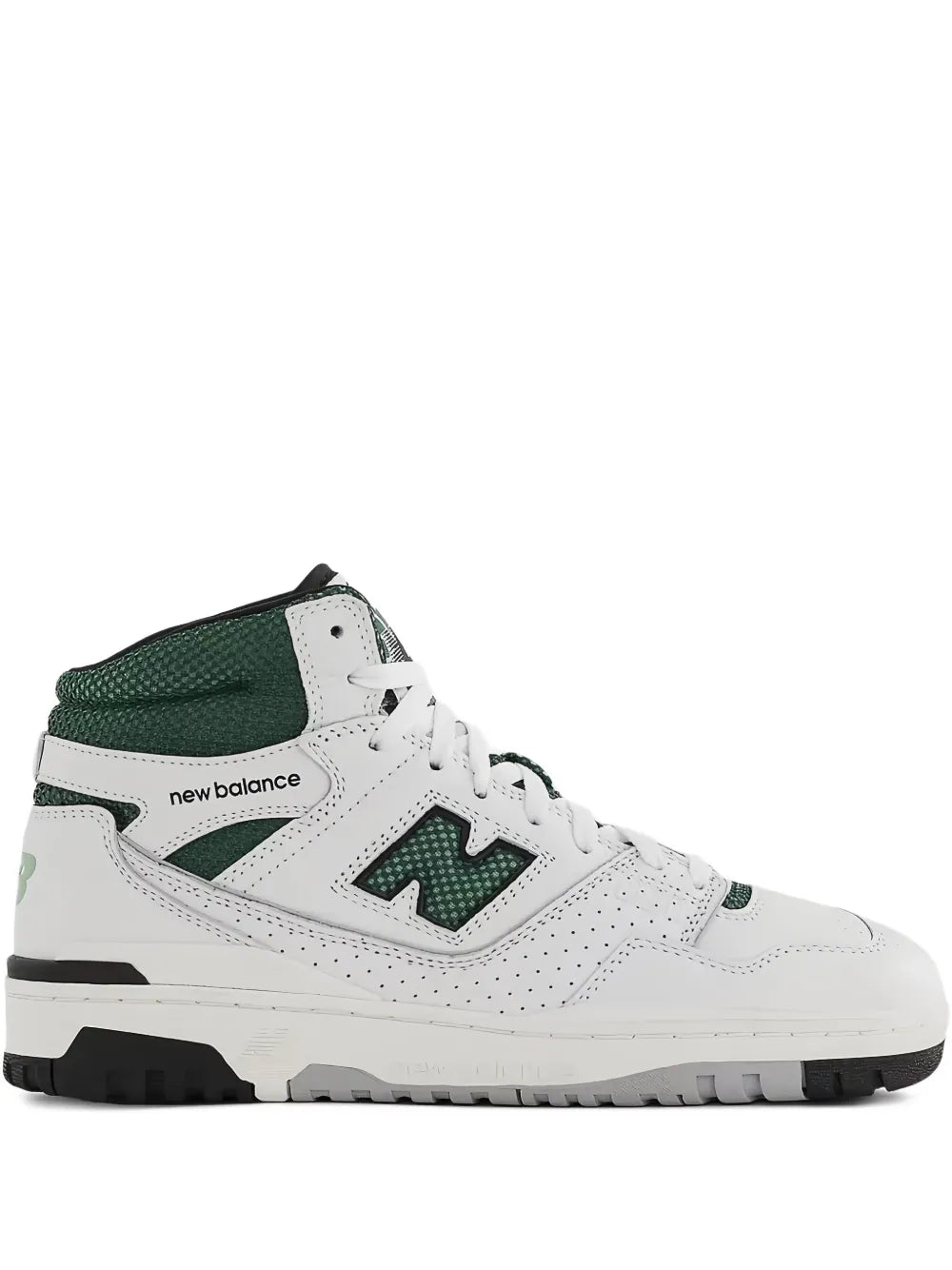 New Balance 650R sneakers, white leather upper with green accents, lace-up