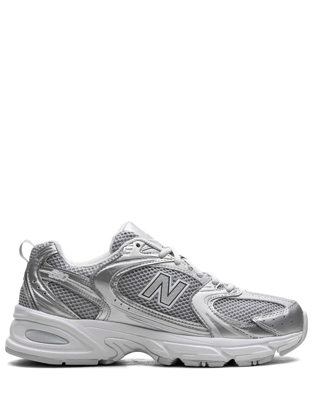New Balance 530 low-top sneakers in silver metallic, lace-up with N logo, side view