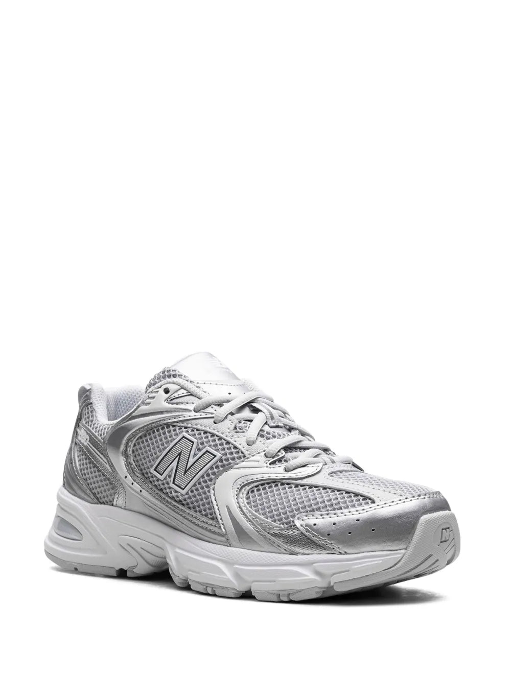New Balance 530 sneakers in silver metallic, lace-up, toe and side profile view