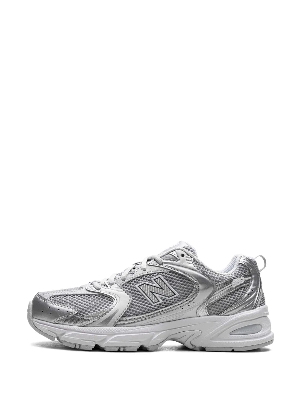 New Balance 530 sneakers in silver metallic, lace-up front and side profile