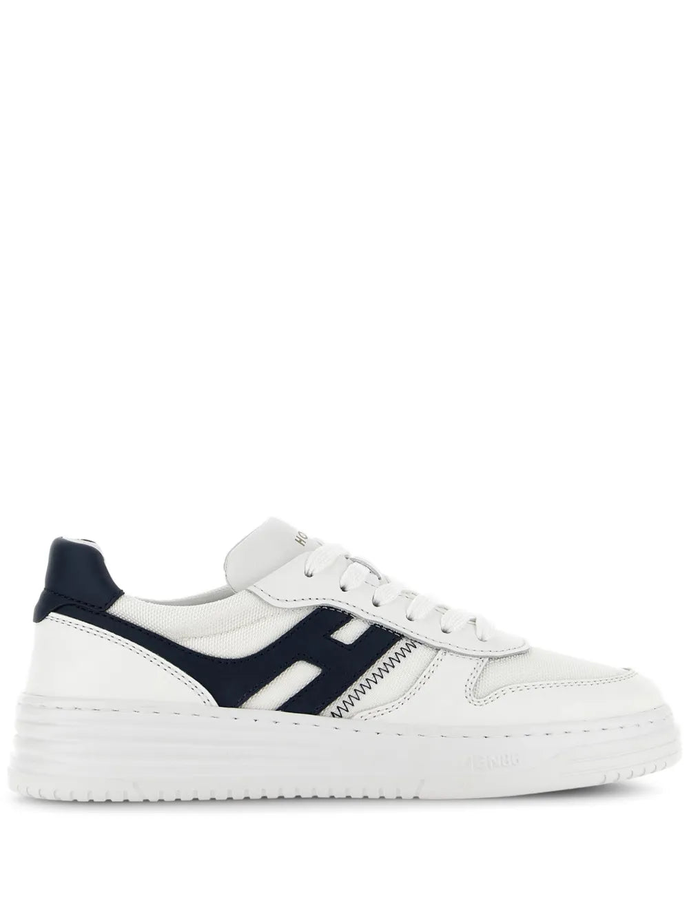 White and dark blue panel sneakers with lace-up front and low-profile sole