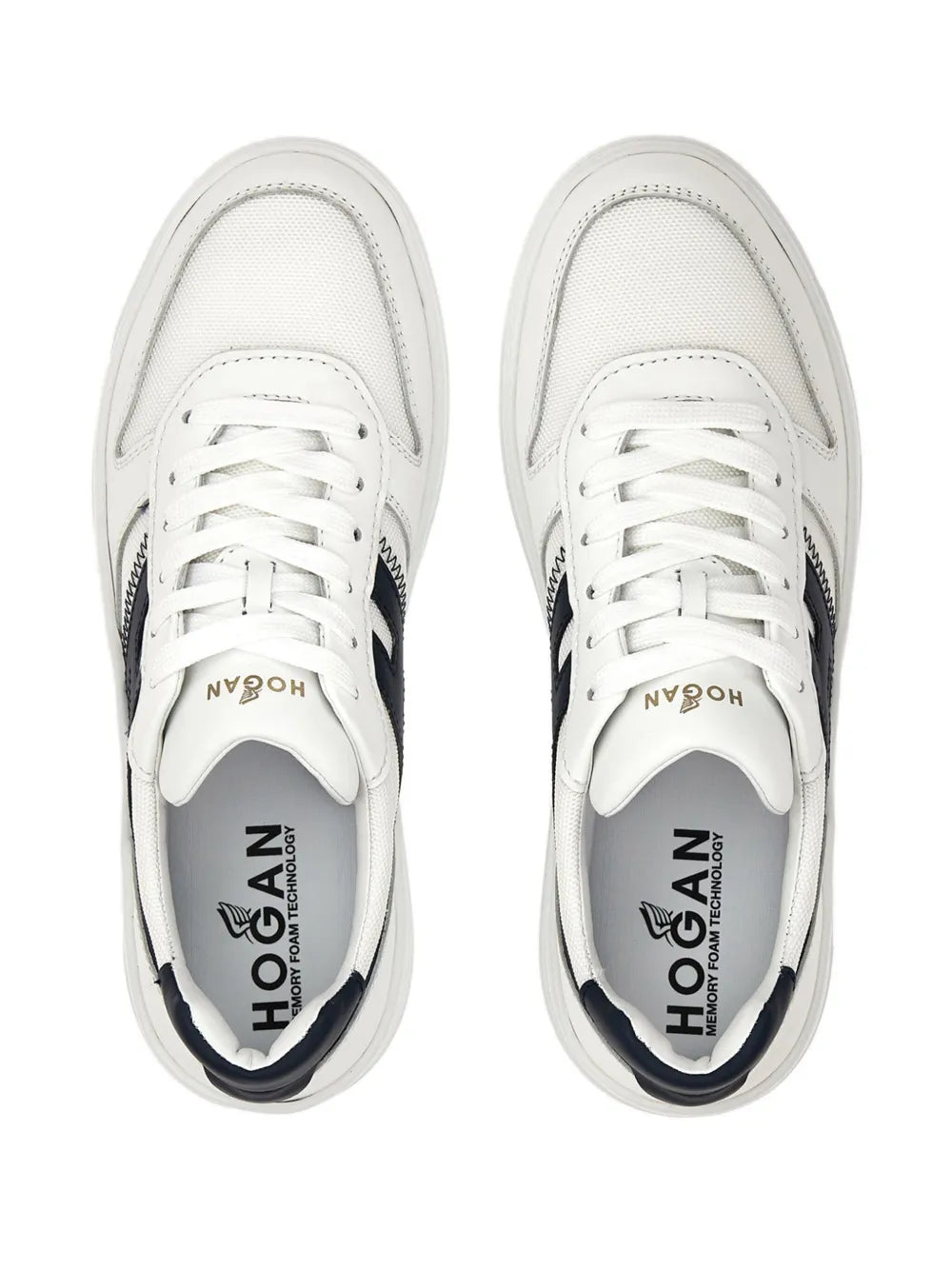 Pair of white lace-up sneakers with navy Hogan label inside