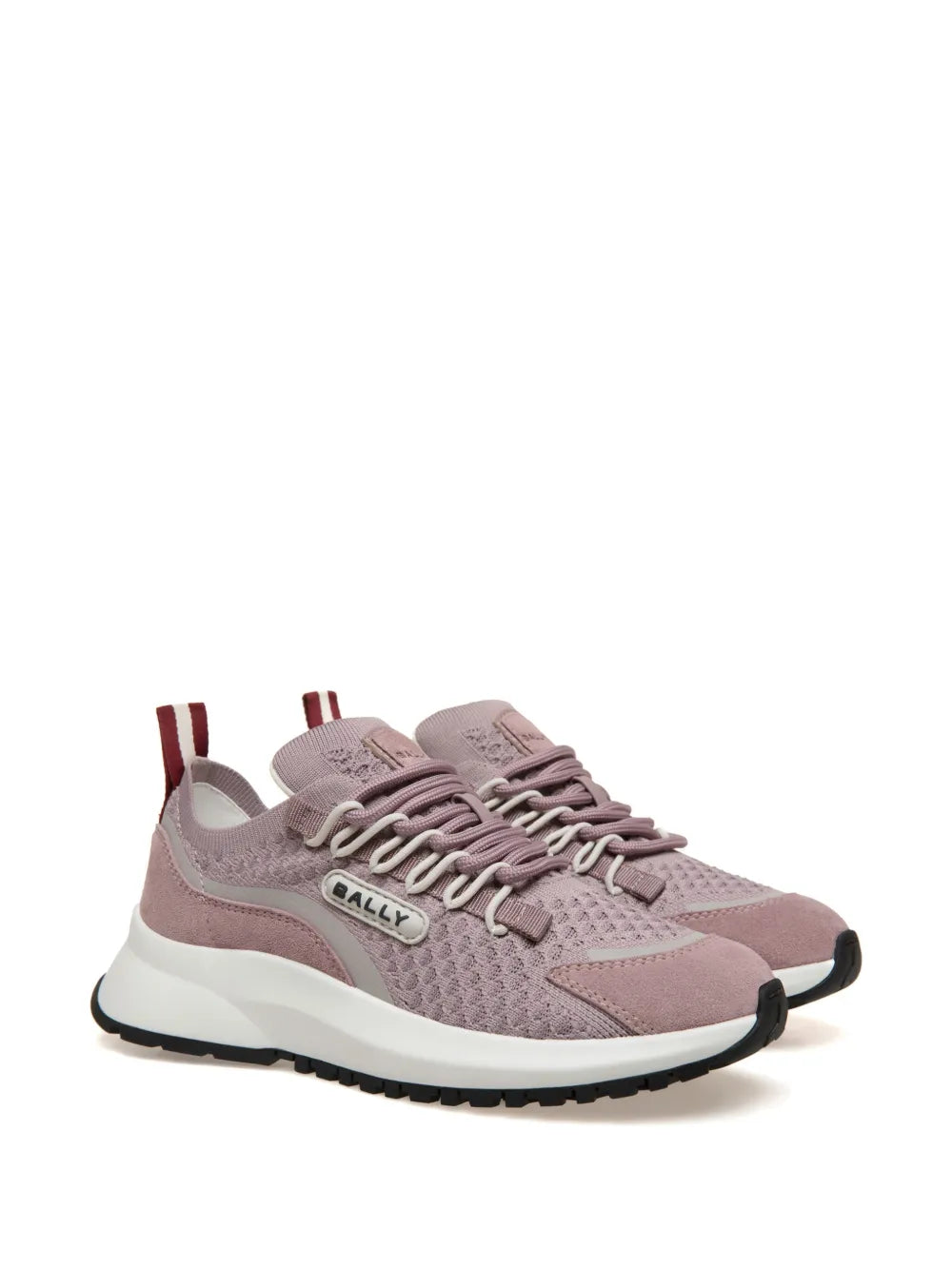 Mesh-panel lace-up sneakers side view, mauve knit with logo patch and chunky tread