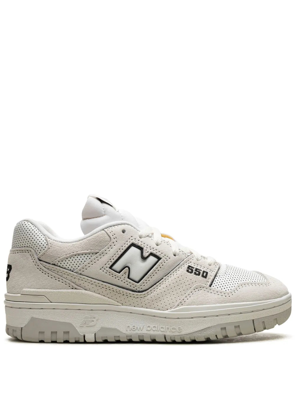 New Balance 550 low-top sneakers in off-white with black logo accents, lace-up